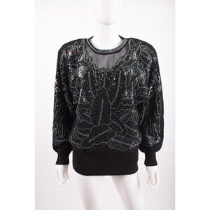 Vintage Priscilla Womans Iridescent Beaded Sequins Sweater Size M Black 80s